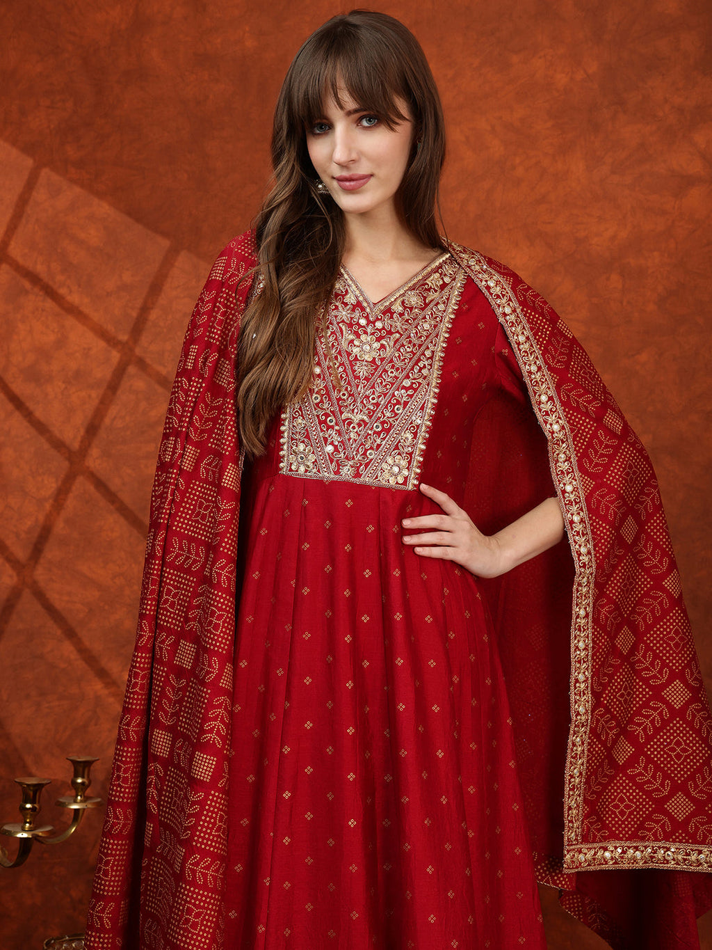 Embroidered Anarkali Kurta With Pant & Bandhni Printed Dupatta, Maroon - Hiral Fashion | Grocsy