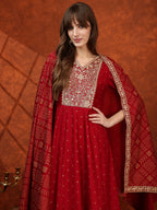 Embroidered Anarkali Kurta With Pant & Bandhni Printed Dupatta, Maroon - Hiral Fashion | Grocsy