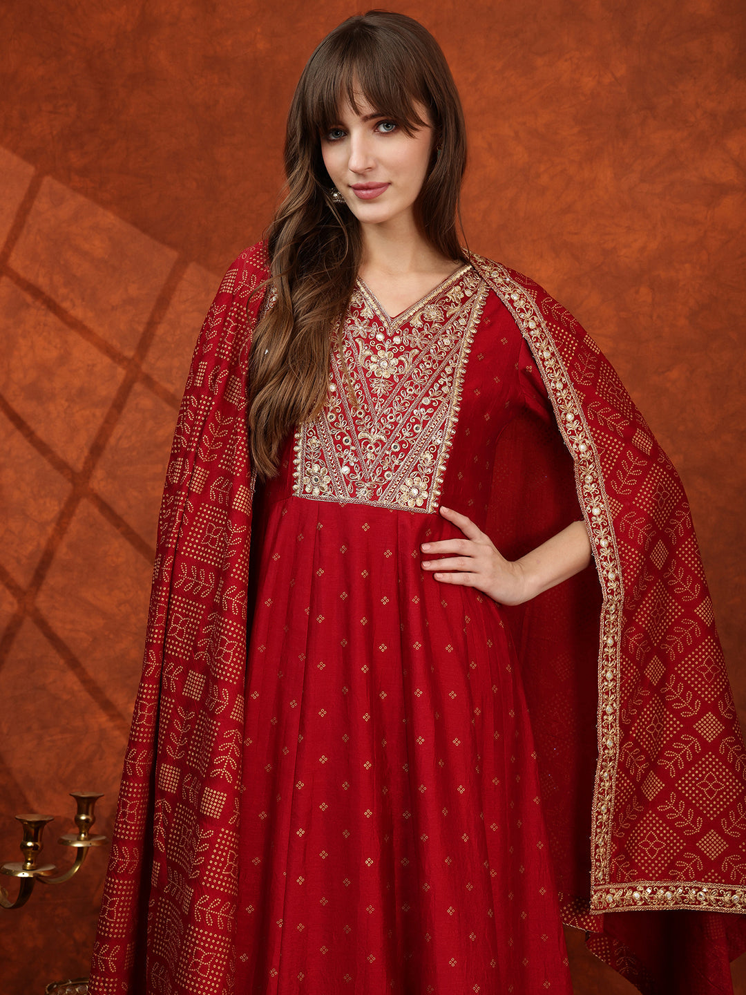 Embroidered Anarkali Kurta With Pant & Bandhni Printed Dupatta, Maroon - Hiral Fashion | Grocsy