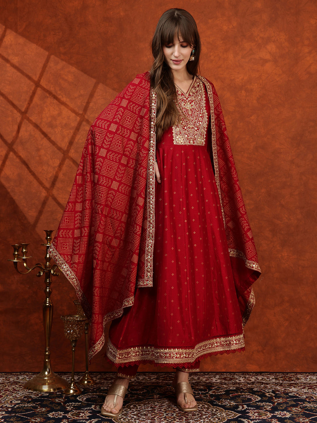 Embroidered Anarkali Kurta With Pant & Bandhni Printed Dupatta, Maroon - Hiral Fashion | Grocsy