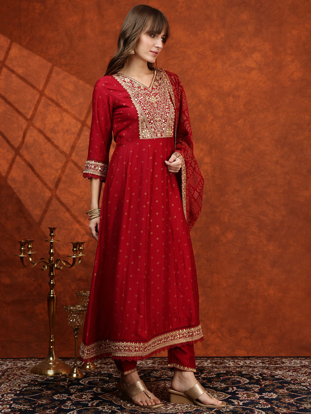 Embroidered Anarkali Kurta With Pant & Bandhni Printed Dupatta, Maroon - Hiral Fashion | Grocsy