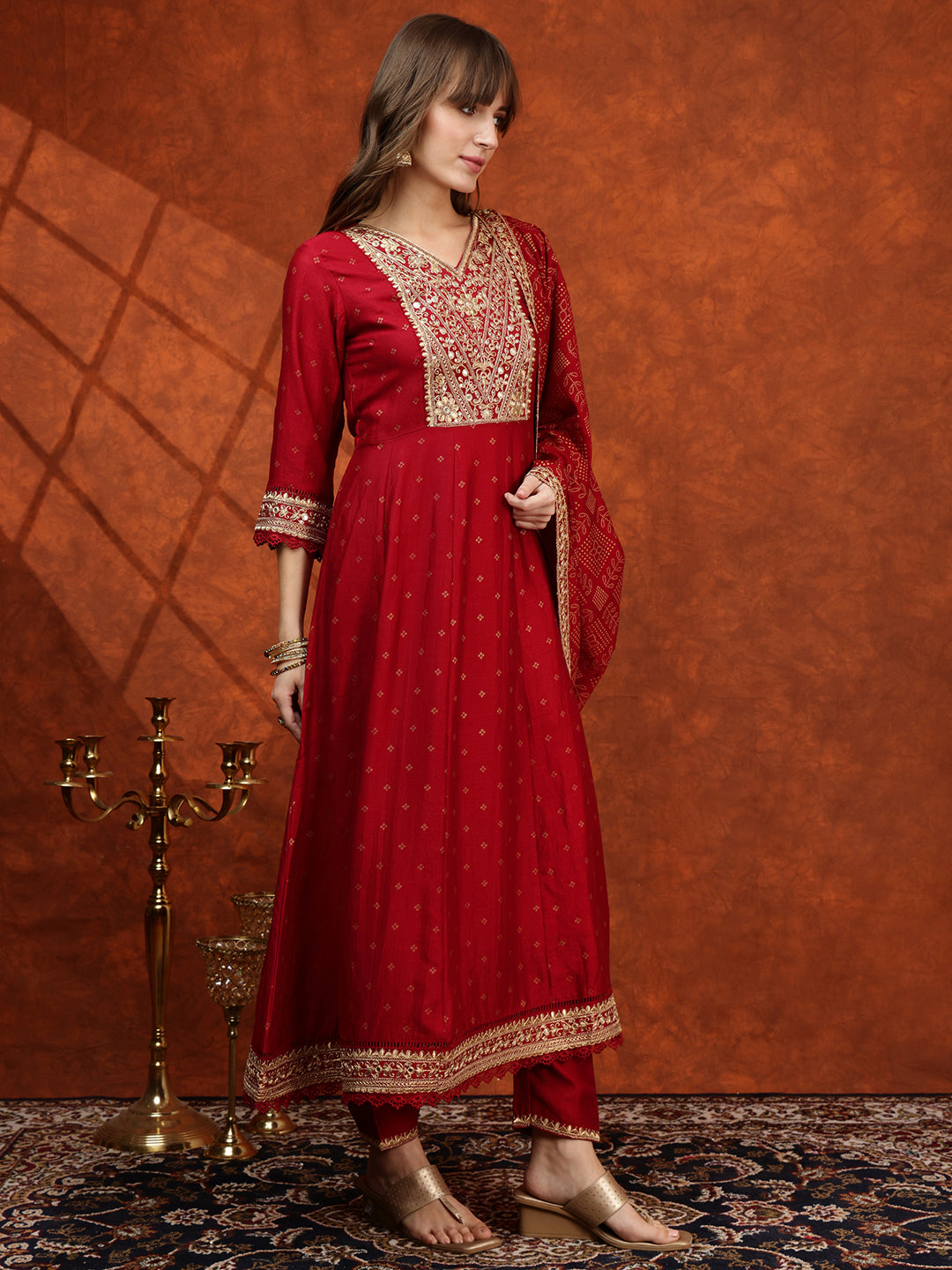 Embroidered Anarkali Kurta With Pant & Bandhni Printed Dupatta, Maroon - Hiral Fashion | Grocsy