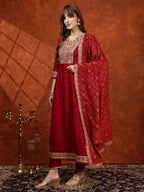 Embroidered Anarkali Kurta With Pant & Bandhni Printed Dupatta, Maroon - Hiral Fashion | Grocsy