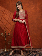 Embroidered Anarkali Kurta With Pant & Bandhni Printed Dupatta, Maroon - Hiral Fashion | Grocsy