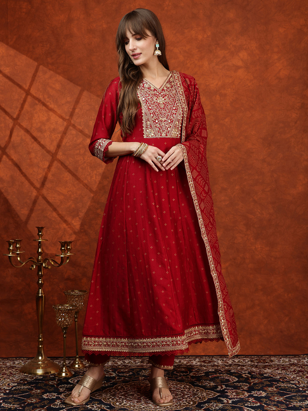 Embroidered Anarkali Kurta With Pant & Bandhni Printed Dupatta, Maroon - Hiral Fashion | Grocsy