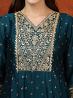 Embroidered Anarkali Kurta With Pant & Bandhni Printed Dupatta, Floral; Teal - Hiral Fashion | Grocsy