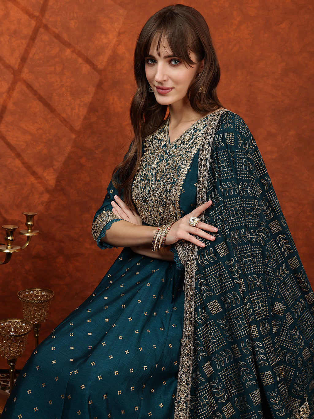 Embroidered Anarkali Kurta With Pant & Bandhni Printed Dupatta, Floral; Teal - Hiral Fashion | Grocsy
