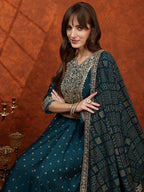 Embroidered Anarkali Kurta With Pant & Bandhni Printed Dupatta, Floral; Teal - Hiral Fashion | Grocsy