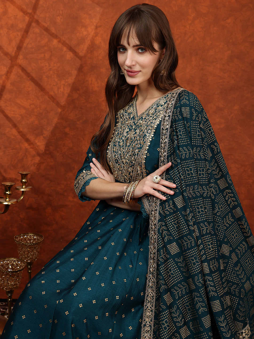 Embroidered Anarkali Kurta With Pant & Bandhni Printed Dupatta, Floral; Teal - Hiral Fashion | Grocsy