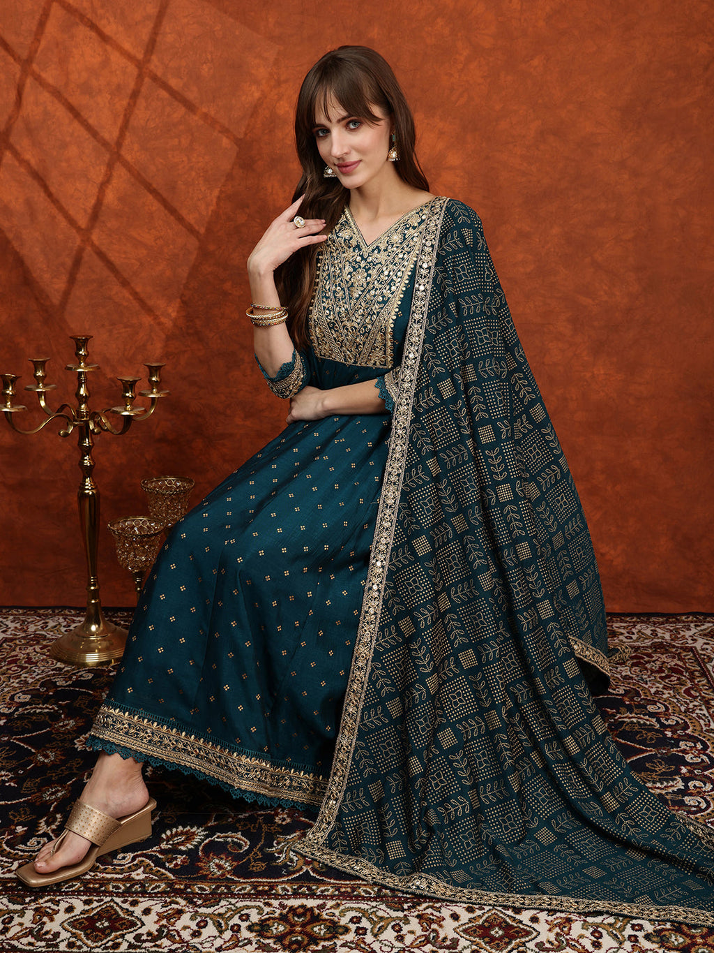 Embroidered Anarkali Kurta With Pant & Bandhni Printed Dupatta, Floral; Teal - Hiral Fashion | Grocsy