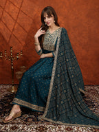 Embroidered Anarkali Kurta With Pant & Bandhni Printed Dupatta, Floral; Teal - Hiral Fashion | Grocsy