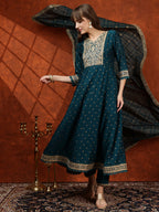 Embroidered Anarkali Kurta With Pant & Bandhni Printed Dupatta, Floral; Teal - Hiral Fashion | Grocsy