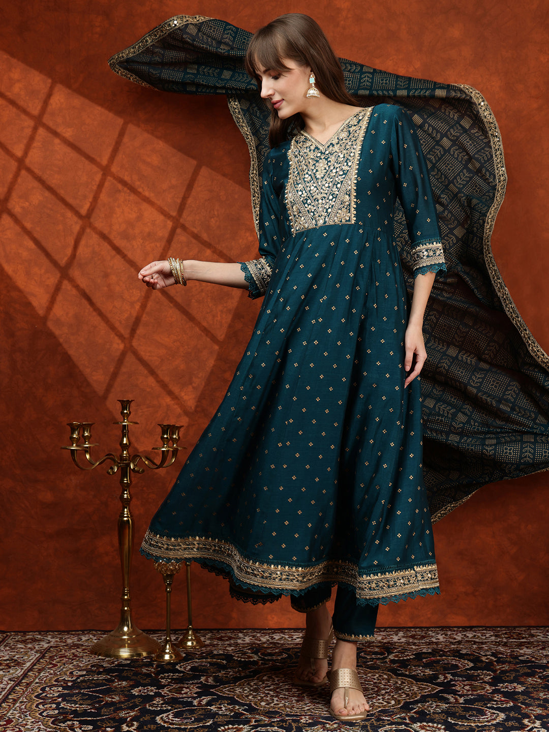 Embroidered Anarkali Kurta With Pant & Bandhni Printed Dupatta, Floral; Teal - Hiral Fashion | Grocsy