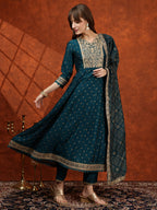 Embroidered Anarkali Kurta With Pant & Bandhni Printed Dupatta, Floral; Teal - Hiral Fashion | Grocsy