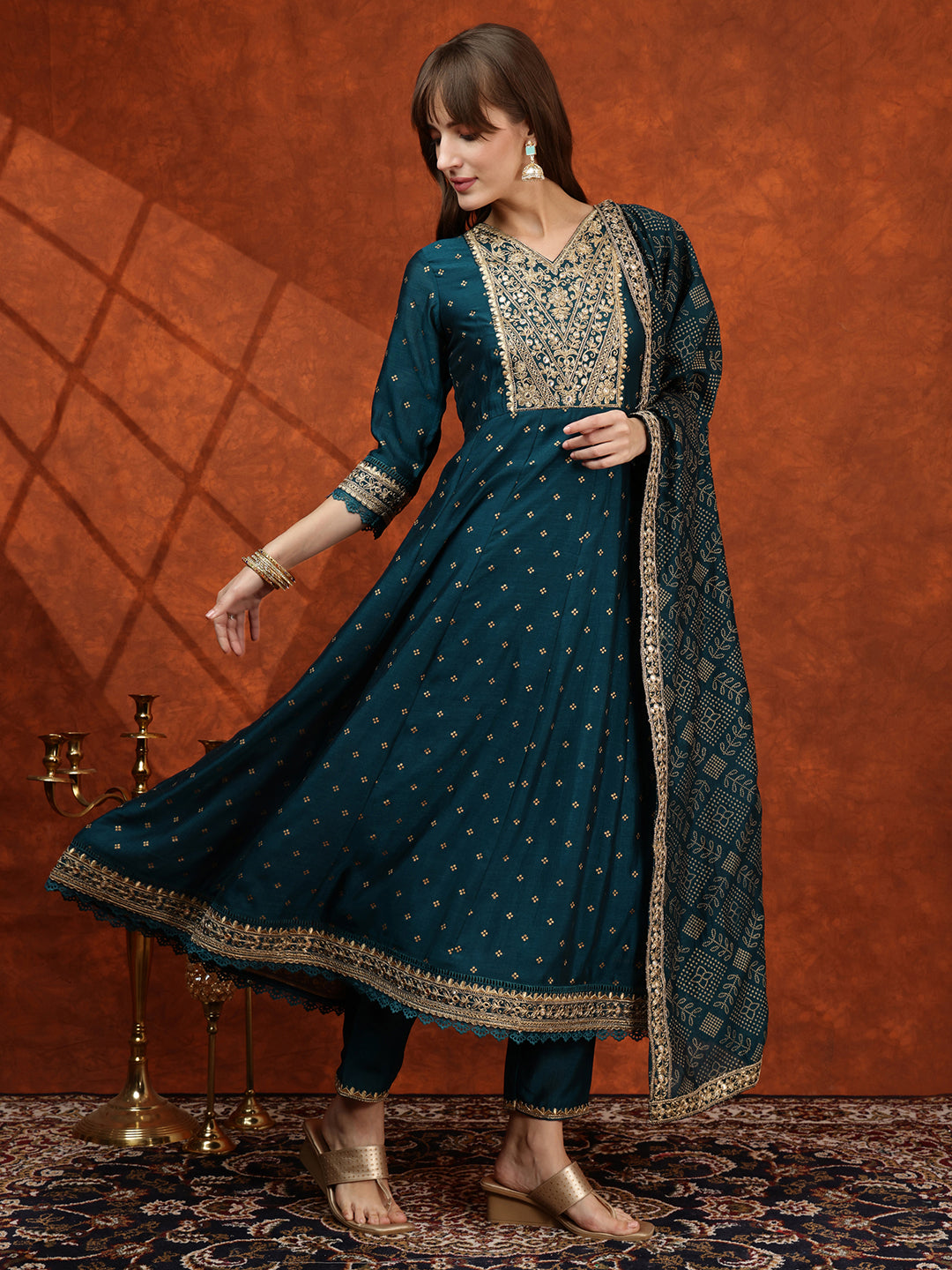 Embroidered Anarkali Kurta With Pant & Bandhni Printed Dupatta, Floral; Teal - Hiral Fashion | Grocsy