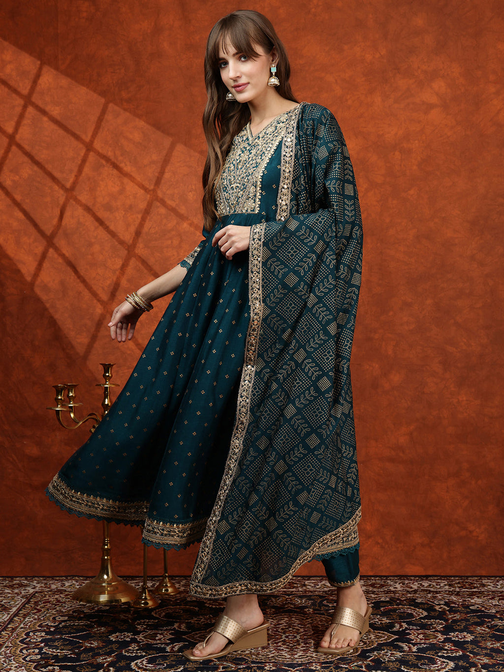 Embroidered Anarkali Kurta With Pant & Bandhni Printed Dupatta, Floral; Teal - Hiral Fashion | Grocsy