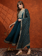 Embroidered Anarkali Kurta With Pant & Bandhni Printed Dupatta, Floral; Teal - Hiral Fashion | Grocsy