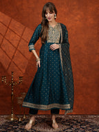 Embroidered Anarkali Kurta With Pant & Bandhni Printed Dupatta, Floral; Teal - Hiral Fashion | Grocsy