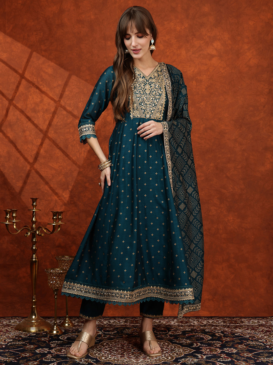 Embroidered Anarkali Kurta With Pant & Bandhni Printed Dupatta, Floral; Teal - Hiral Fashion | Grocsy