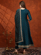 Embroidered Anarkali Kurta With Pant & Bandhni Printed Dupatta, Floral; Teal - Hiral Fashion | Grocsy