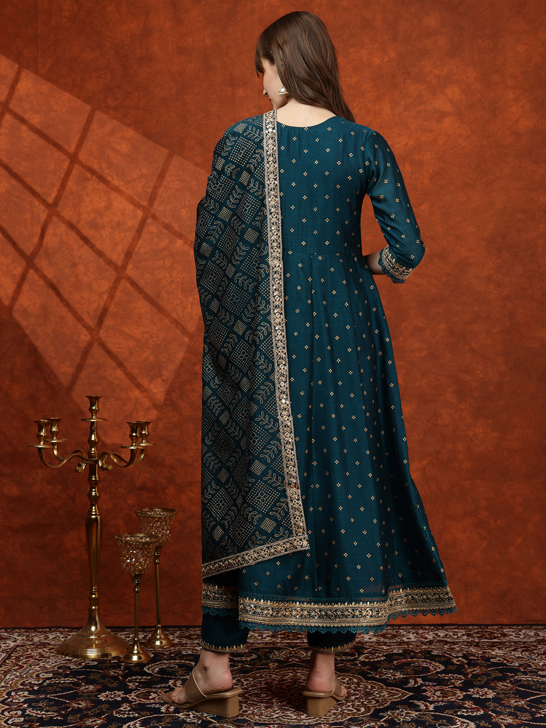 Embroidered Anarkali Kurta With Pant & Bandhni Printed Dupatta, Floral; Teal - Hiral Fashion | Grocsy