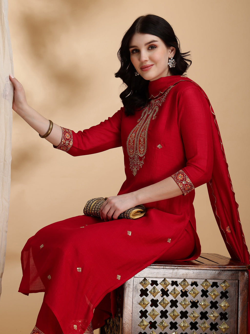 Embroidered Kurta With Pant & Embroidered Dupatta, Pink - Hiral Fashion | Grocsy