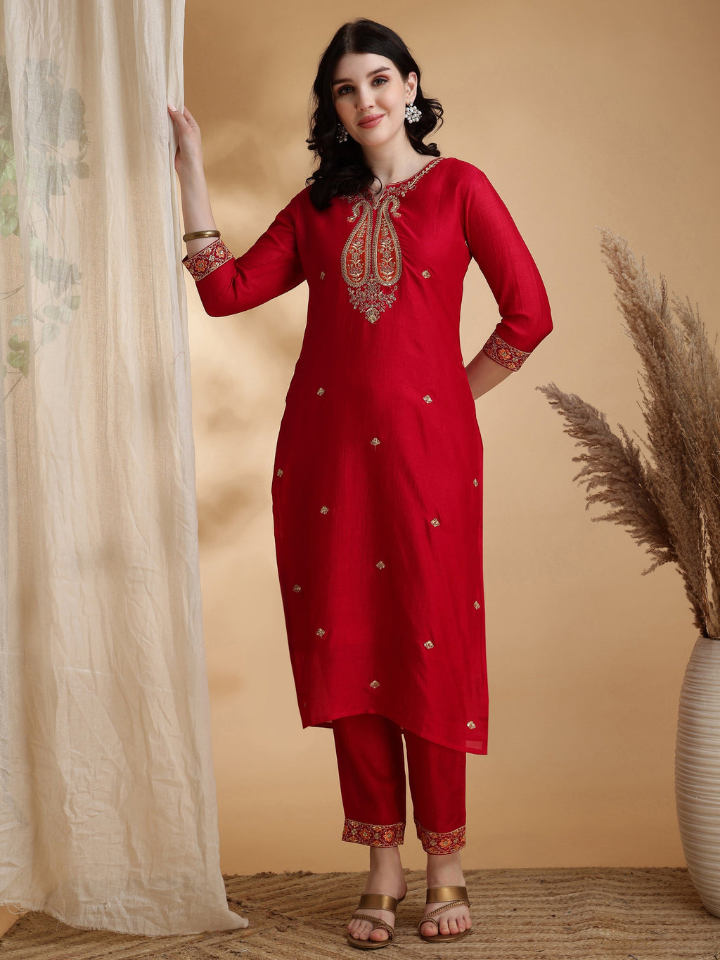 Embroidered Kurta With Pant & Embroidered Dupatta, Pink - Hiral Fashion | Grocsy