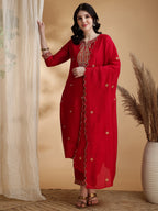 Embroidered Kurta With Pant & Embroidered Dupatta, Pink - Hiral Fashion | Grocsy