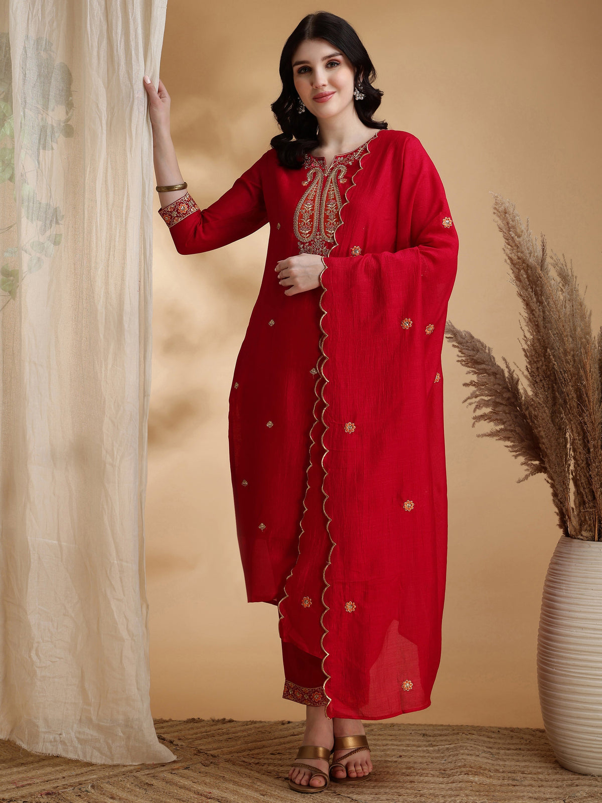 Embroidered Kurta With Pant & Embroidered Dupatta, Pink - Hiral Fashion | Grocsy