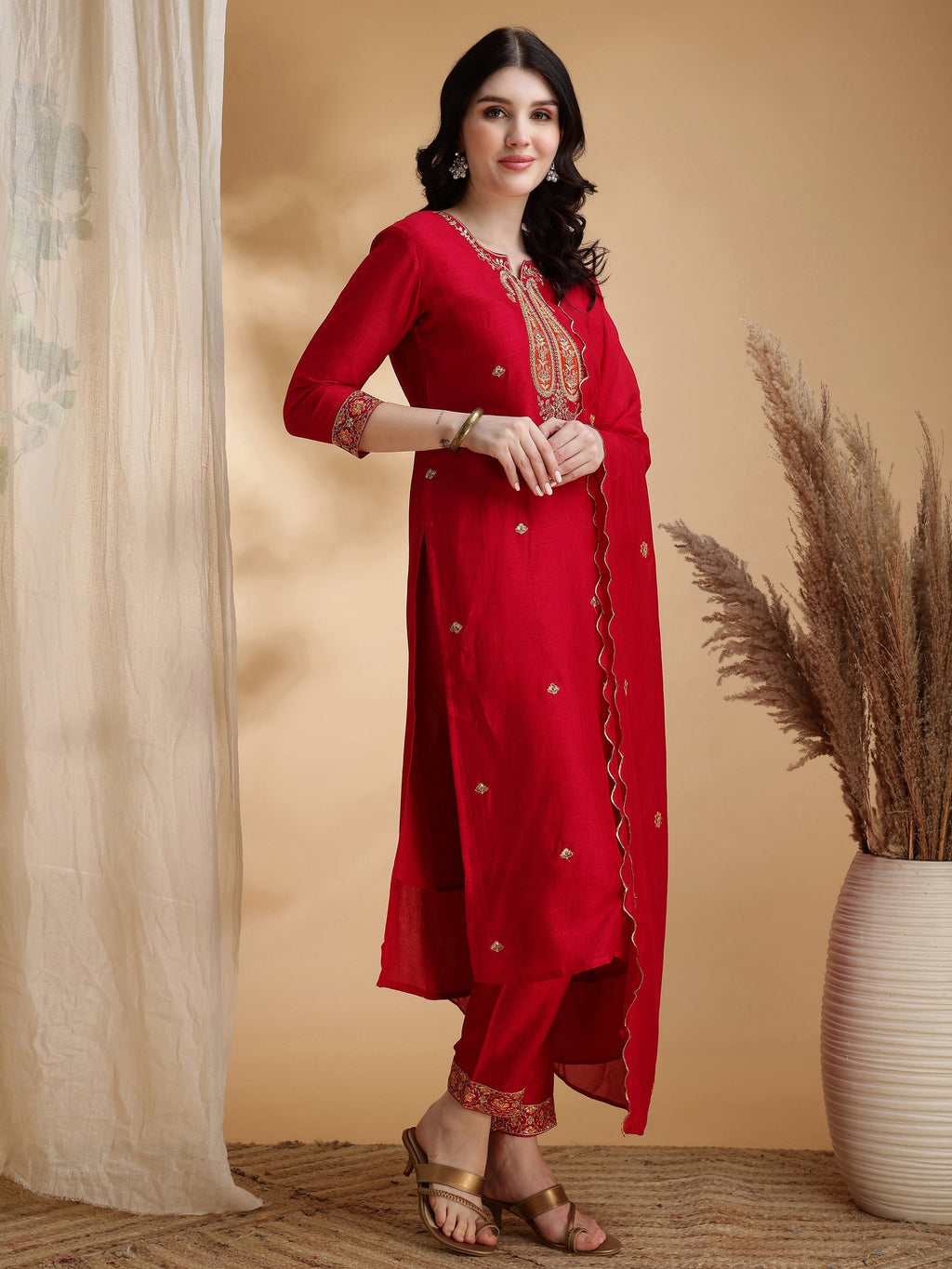 Embroidered Kurta With Pant & Embroidered Dupatta, Pink - Hiral Fashion | Grocsy