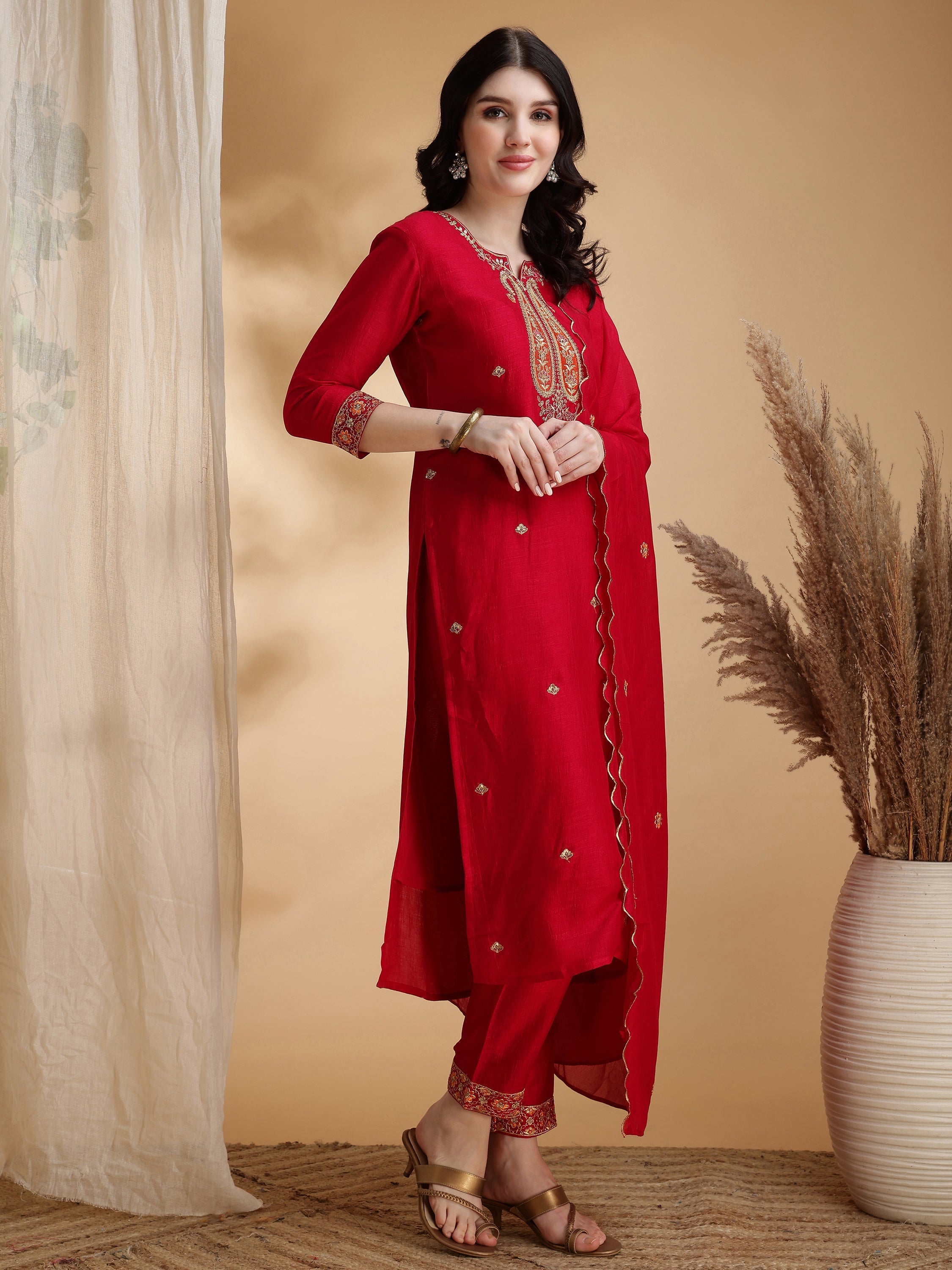 Embroidered Kurta With Pant & Embroidered Dupatta, Pink - Hiral Fashion | Grocsy