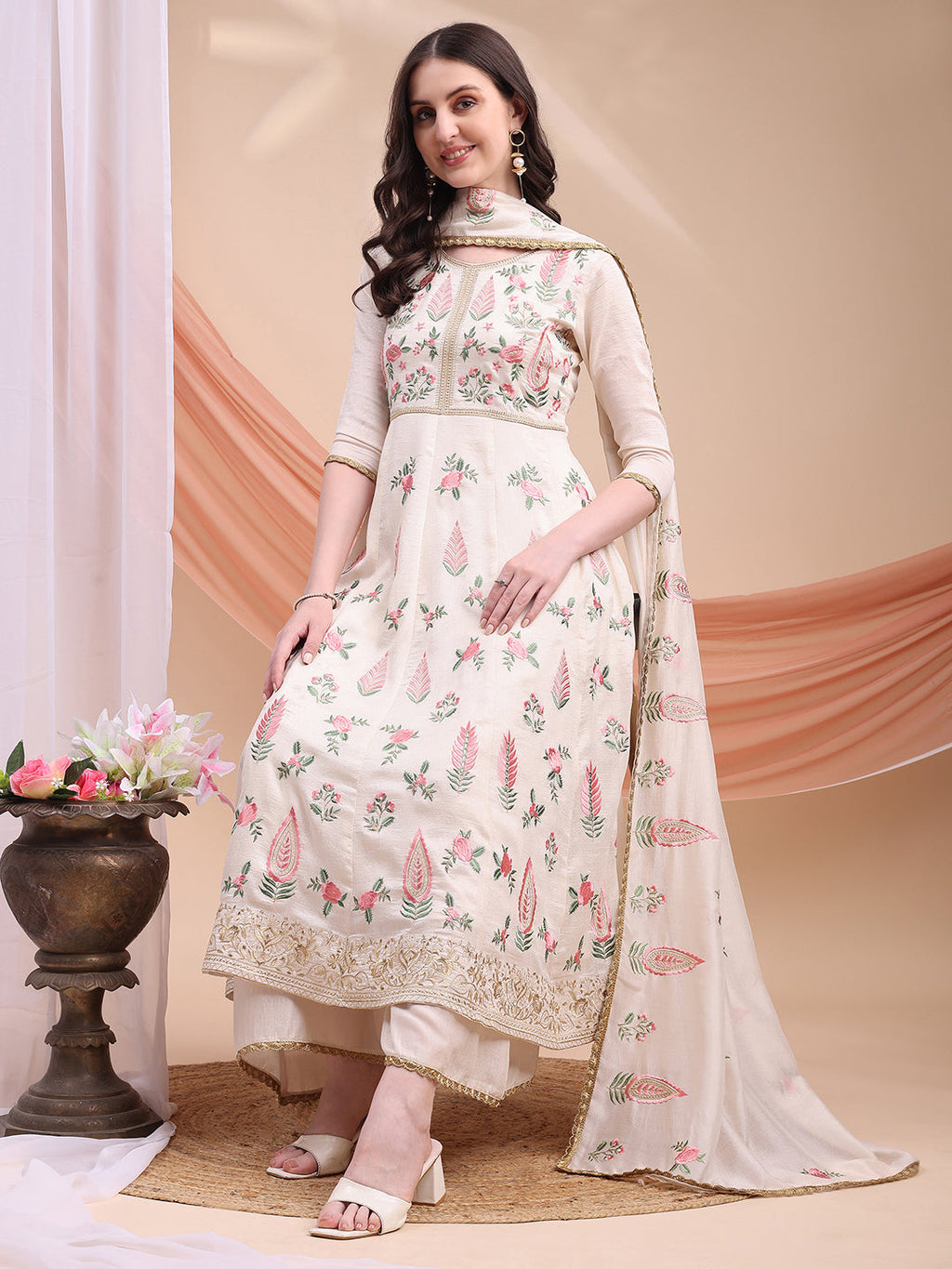 Floral Embroidered Anarkali Kurta With Pant & Embroidered Dupatta, Cream - Hiral Fashion | Grocsy