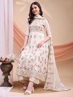 Floral Embroidered Anarkali Kurta With Pant & Embroidered Dupatta, Cream - Hiral Fashion | Grocsy