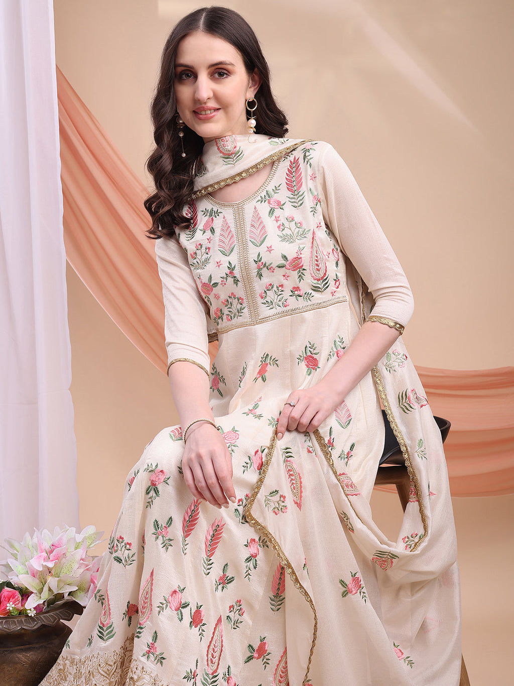 Floral Embroidered Anarkali Kurta With Pant & Embroidered Dupatta, Cream - Hiral Fashion | Grocsy