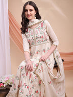 Floral Embroidered Anarkali Kurta With Pant & Embroidered Dupatta, Cream - Hiral Fashion | Grocsy