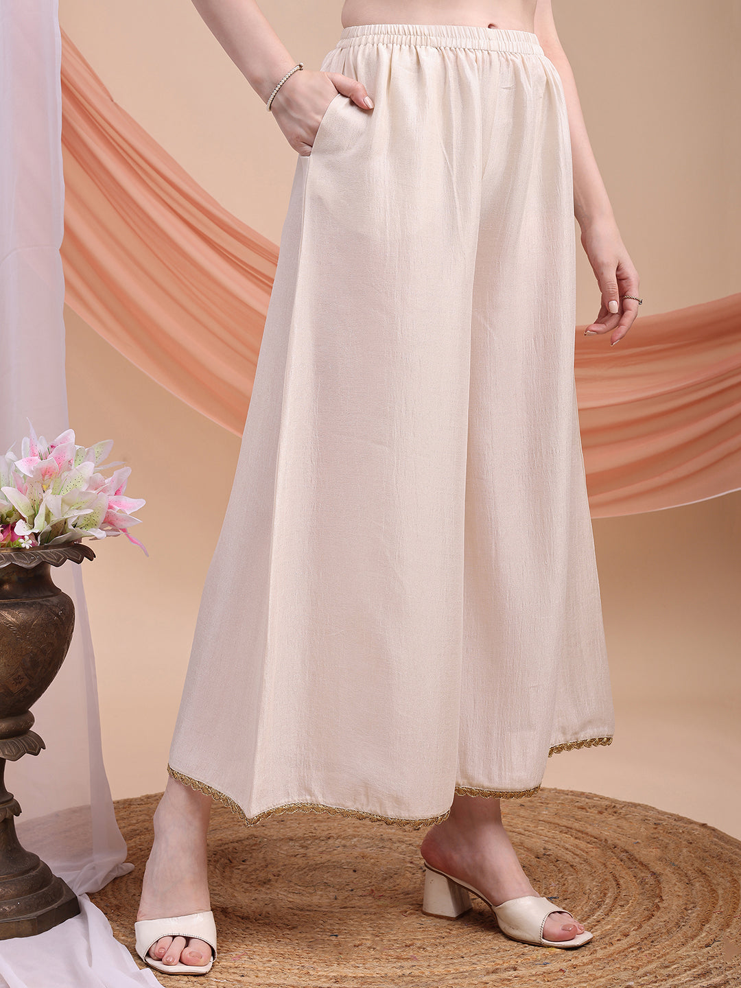 Floral Embroidered Anarkali Kurta With Pant & Embroidered Dupatta, Cream - Hiral Fashion | Grocsy