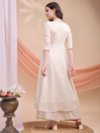 Floral Embroidered Anarkali Kurta With Pant & Embroidered Dupatta, Cream - Hiral Fashion | Grocsy