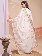 Floral Embroidered Anarkali Kurta With Pant & Embroidered Dupatta, Cream - Hiral Fashion | Grocsy