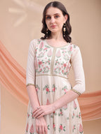 Floral Embroidered Anarkali Kurta With Pant & Embroidered Dupatta, Cream - Hiral Fashion | Grocsy