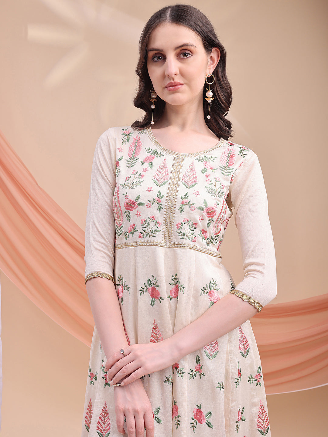Floral Embroidered Anarkali Kurta With Pant & Embroidered Dupatta, Cream - Hiral Fashion | Grocsy
