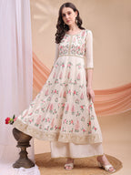Floral Embroidered Anarkali Kurta With Pant & Embroidered Dupatta, Cream - Hiral Fashion | Grocsy