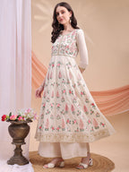 Floral Embroidered Anarkali Kurta With Pant & Embroidered Dupatta, Cream - Hiral Fashion | Grocsy