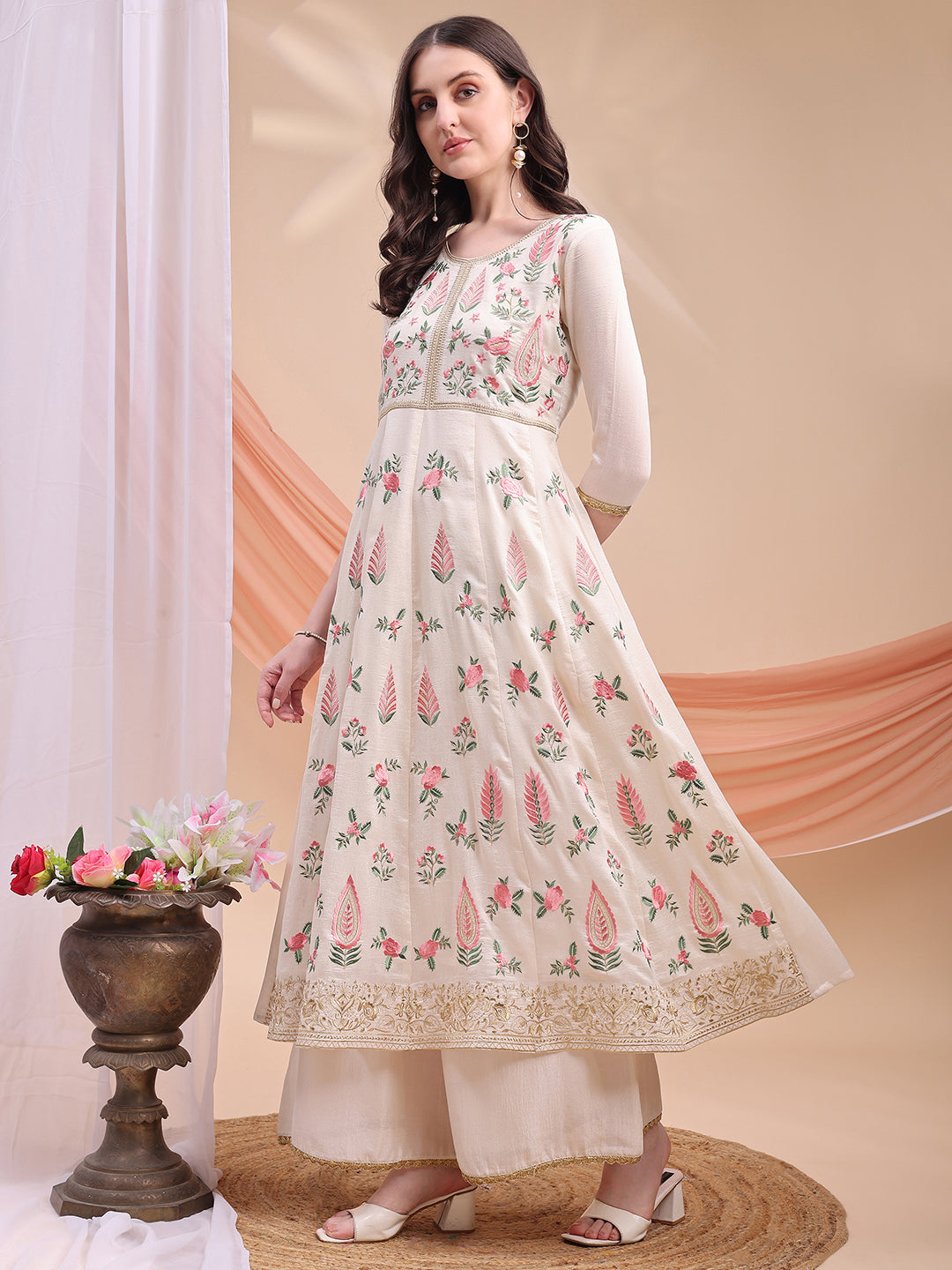 Floral Embroidered Anarkali Kurta With Pant & Embroidered Dupatta, Cream - Hiral Fashion | Grocsy