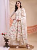 Floral Embroidered Anarkali Kurta With Pant & Embroidered Dupatta, Cream - Hiral Fashion | Grocsy