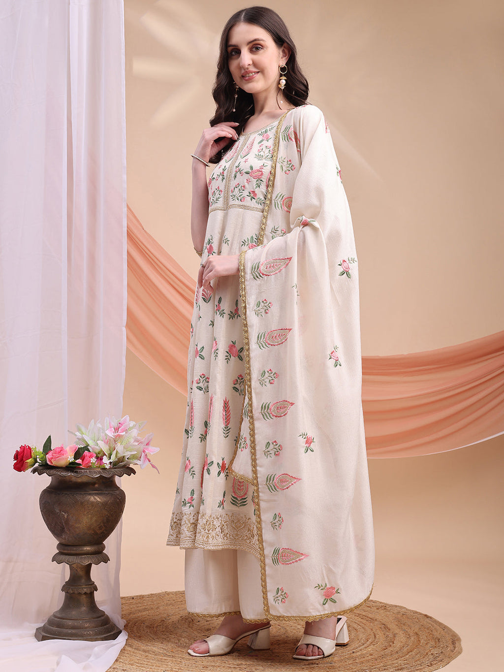 Floral Embroidered Anarkali Kurta With Pant & Embroidered Dupatta, Cream - Hiral Fashion | Grocsy