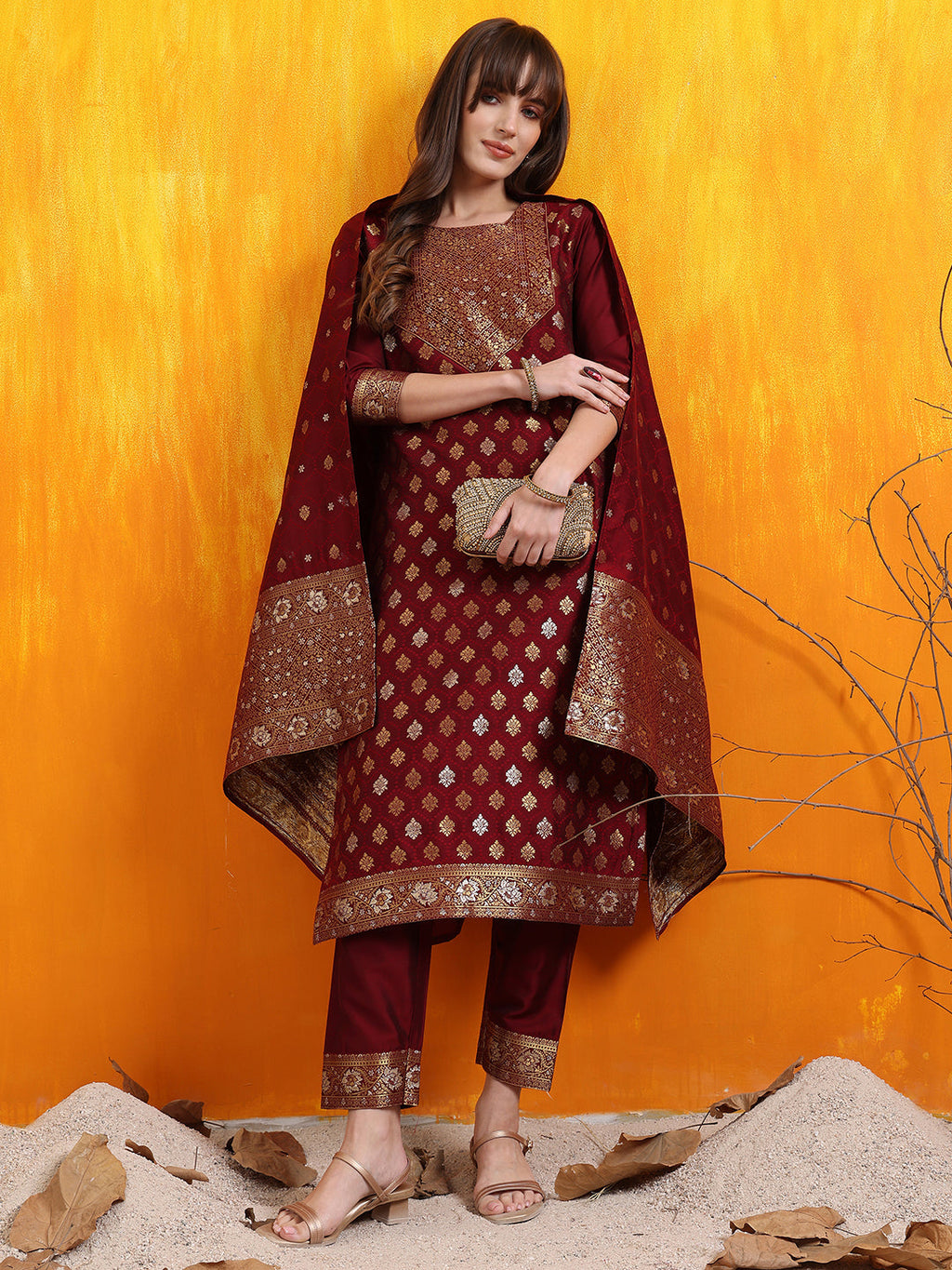 Banarasi Jacquard Kurta With Pant & Banarasi Jacquard Dupatta, Maroon - Hiral Fashion | Grocsy
