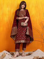 Banarasi Jacquard Kurta With Pant & Banarasi Jacquard Dupatta, Maroon - Hiral Fashion | Grocsy