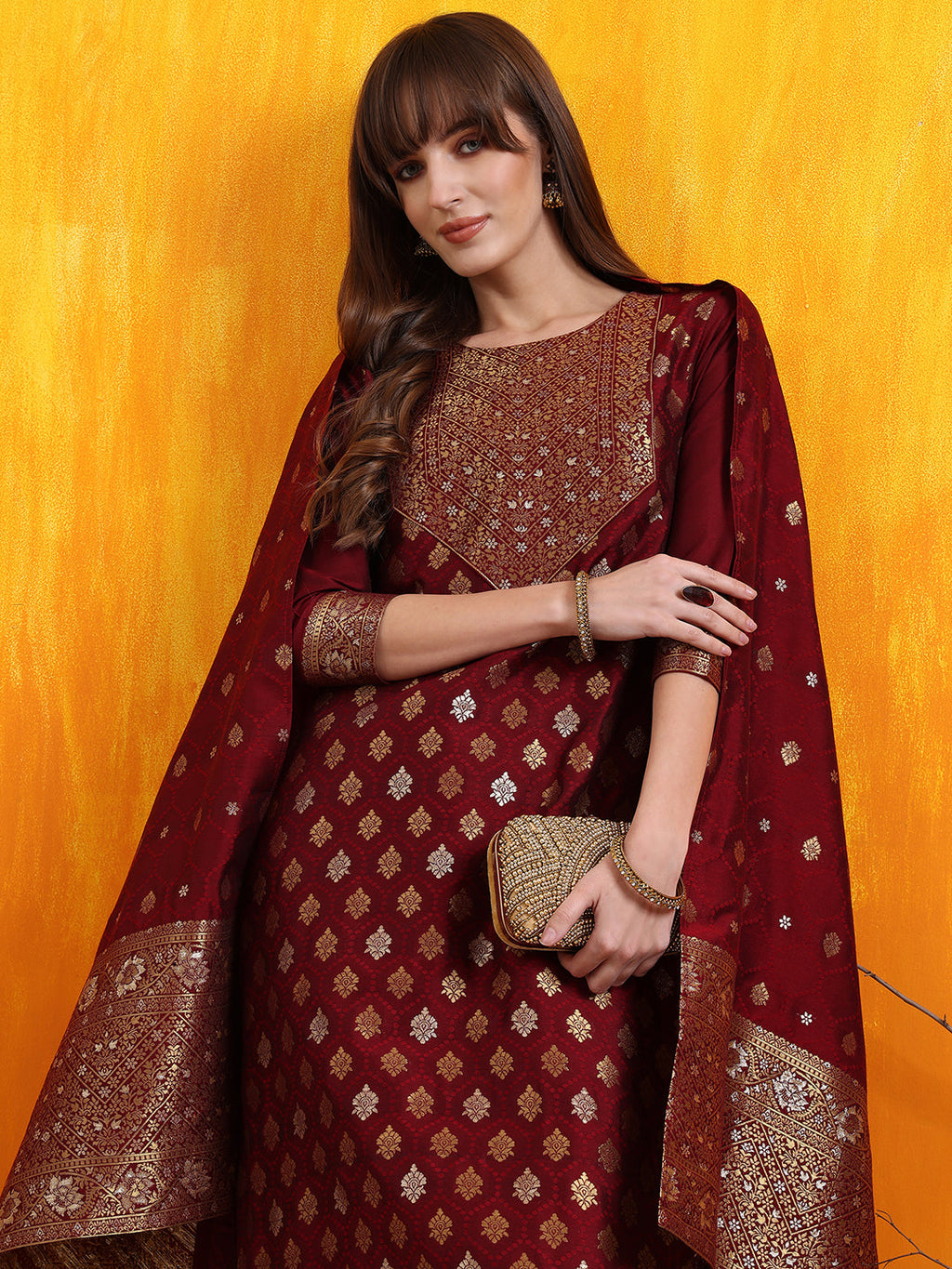 Banarasi Jacquard Kurta With Pant & Banarasi Jacquard Dupatta, Maroon - Hiral Fashion | Grocsy