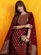 Banarasi Jacquard Kurta With Pant & Banarasi Jacquard Dupatta, Maroon - Hiral Fashion | Grocsy