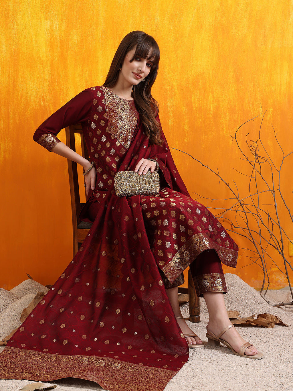 Banarasi Jacquard Kurta With Pant & Banarasi Jacquard Dupatta, Maroon - Hiral Fashion | Grocsy